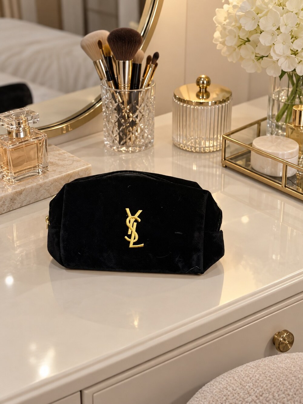 Yves Saint Laurent Black Velvet Makeup Bag | Velvet Cosmetic Organizer - Picture 5 of 6